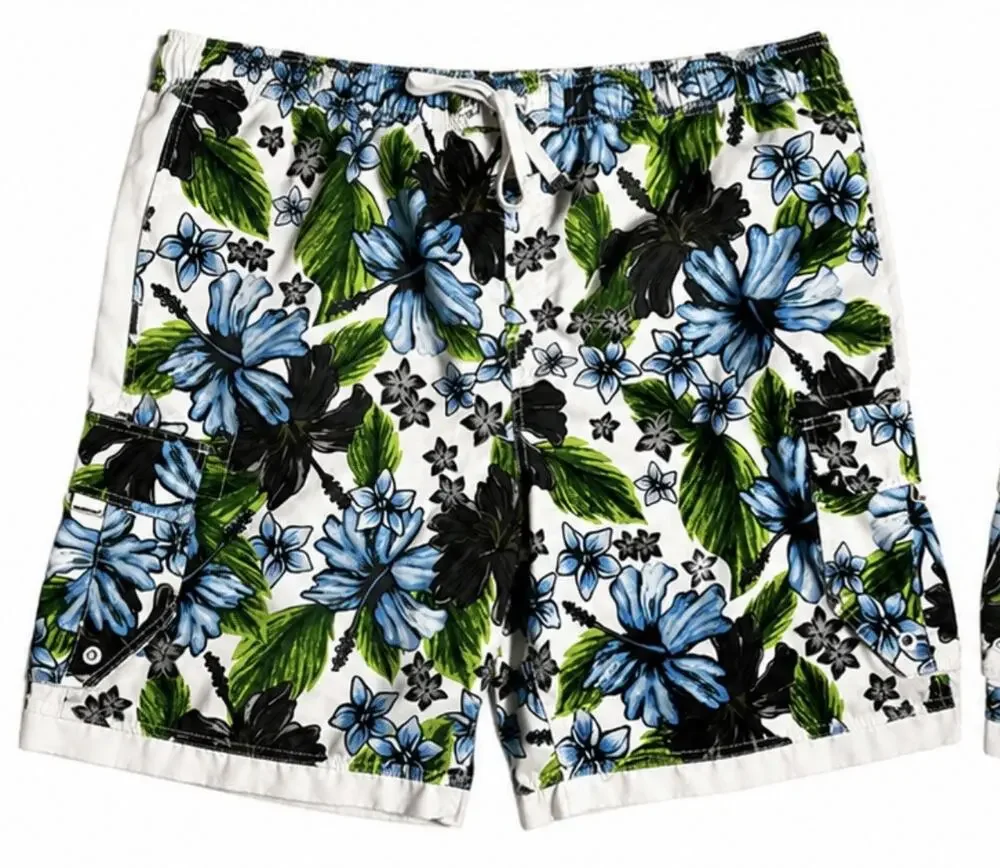 Mossimo Men’s Floral Board Shorts Swim Trunks White Blue Green Cargo XXL